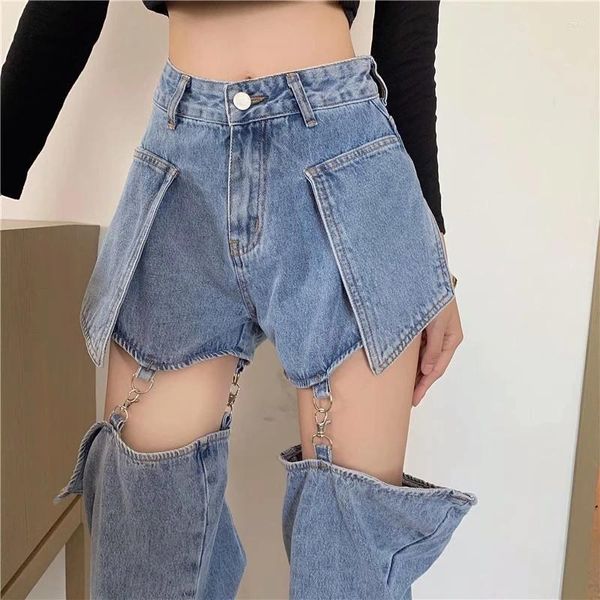 Calças femininas designer fino destacável jeans lock up emenda cintura alta perna reta sexy picante menina oco para fora calças