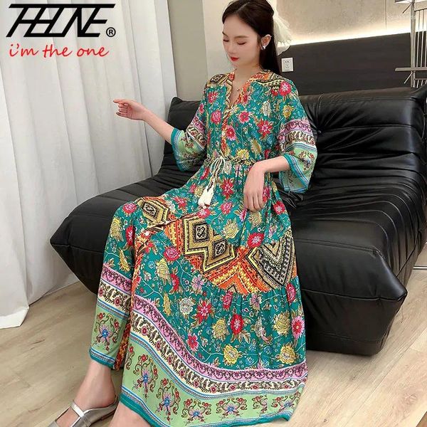 Abiti da festa Maxi abito indiano Donna Casual Taglie forti Estate Cotone Lino Coreano Spiaggia Floreale Vintage scollo a V Lungo Boho Abiti bohémien