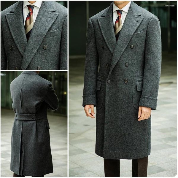 Abiti da uomo di media lunghezza cappotto di lana per uomo doppio petto stile inglese casual 2024 moda invernale giacca addensata con intaglio