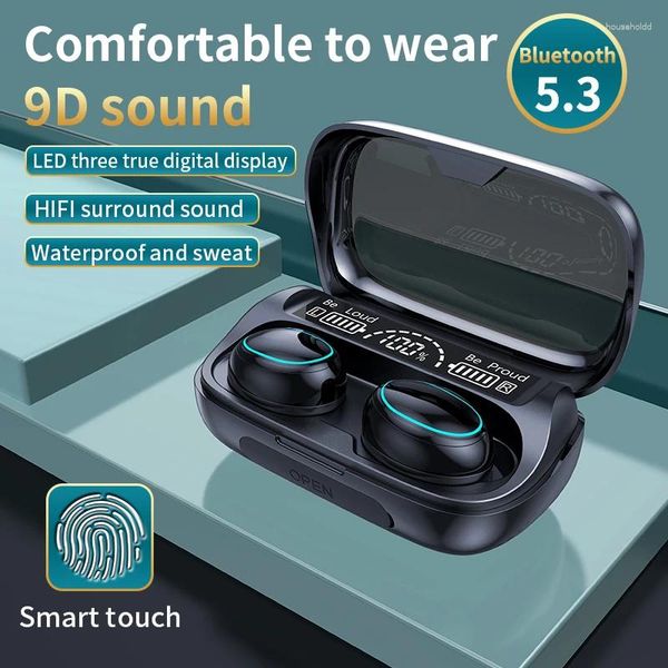 Fones de ouvido sem fio Bluetooth 5.3 estéreo esportivos à prova d'água com microfone LED display digital touch