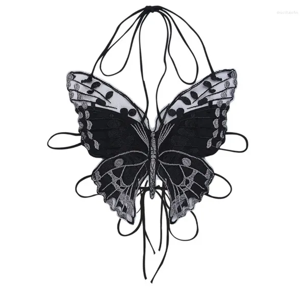 Женские майки, женский готический укороченный топ на бретельках, сексуальный кружевной бюстгальтер с лямкой на шее и v-образным вырезом в форме бабочки, Клубная одежда N7YE