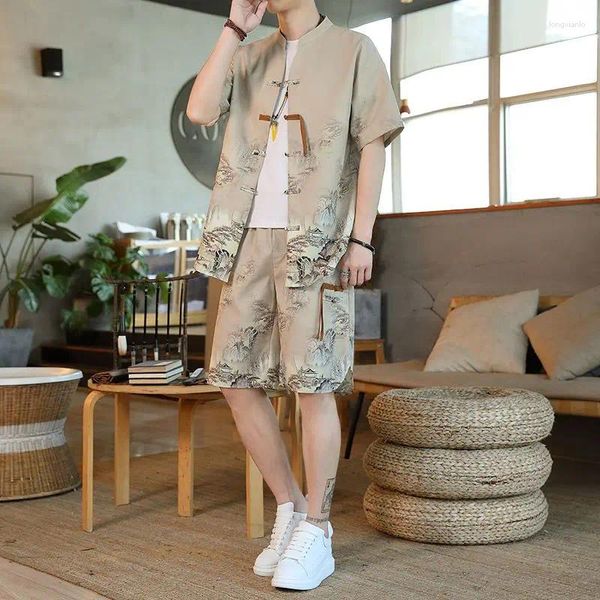 Мужские спортивные костюмы, мужские летние Tang Cool, футболка с короткими рукавами, шорты в китайском стиле Hanfu, однобортные модные