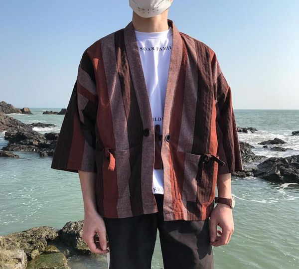 Japanese Style Traditional Kimono Chinese Road Robe Oversize Jacket Couple Beach Shirt Men039s Casual Shirts1182012