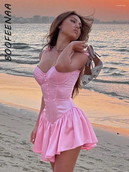 Lässige Kleider BOOFEENAA Rosa Prinzessin Plissee Mini Urlaub Geburtstag Party Outfits Nette Sexy Satin Sommer Kleid Frauen 2024 C69-DG16