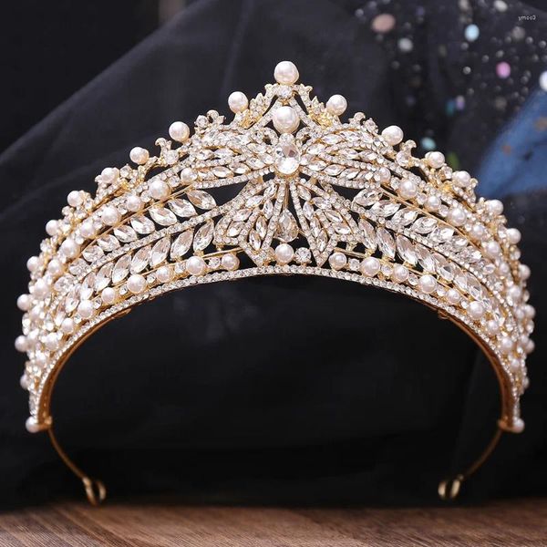 Заколки для волос KMVEXO, свадебная тиара с кристаллами и жемчугом, свадебная корона, золотой цвет, диадема, вуаль, диадемы, аксессуары, головные уборы