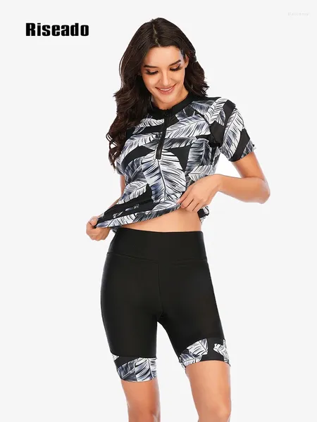 Damen-Badebekleidung, Sport-Rashguard, zweiteilige Badeanzüge für Damen, Blattmuster, Surf-Badeanzüge, Neoprenanzüge, Boyleg-Shorts (UPF 50)