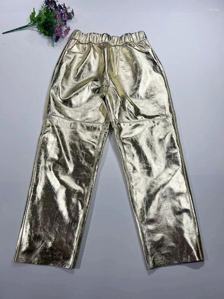 Женские брюки, женские брюки из натуральной кожи, свободные зауженные брюки с эластичной резинкой на талии, повседневные металлические брюки Harlan Mujer Golden Ropa