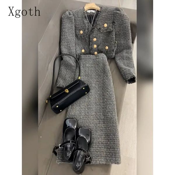 Set di gonne in tweed Xgoth Piccolo profumo dimagrante Giacche corte di lana Gonne dritte a trapezio a metà polpaccio Set in due pezzi stile coreano 240129