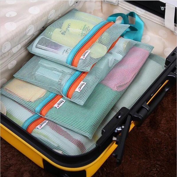 Sacos de armazenamento 4 pcs saco de malha de viagem eco-amigável para brinquedos de mercearia múltiplo organizador bolsa pacote zip transparente