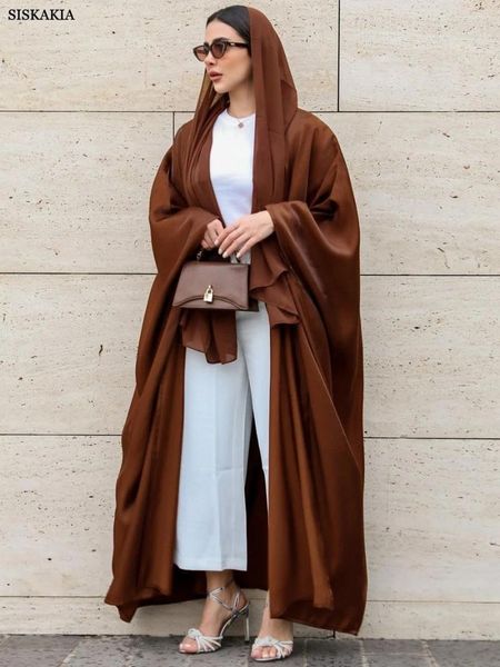 Ethnische Kleidung Siskakia Kimono Abaya für Frauen bescheidene muslimische marokkanische Mode helle Seide Satin Fledermausärmel Strickjacke Robe Corban Eid Al