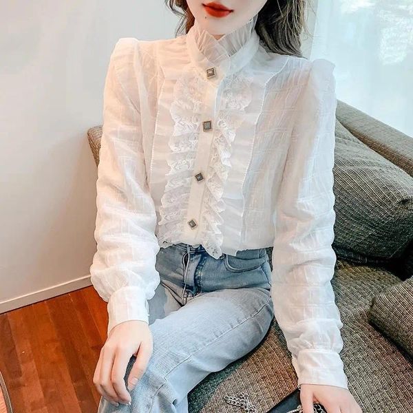 Damenblusen 2024 Frühling koreanische Mode Spitze Chiffon Bluse Frauen elegante Rüschen Patchwork Damen Shirts Stehkragen Langarm Tops