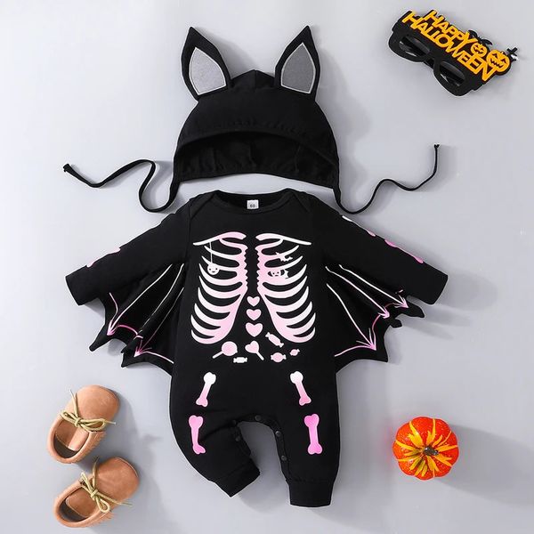 Halloween 0-2y bebê morcego macacão infantil meninos meninas esqueleto impressão manga longa bodysuit com chapéu nascido macacões traje 240202