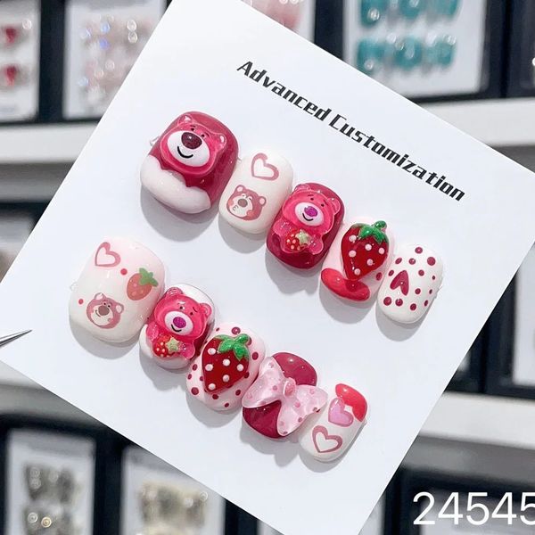 Simpatiche unghie finte fatte a mano corte rosa pittura a mano Kawaii design 3d adesivo riutilizzabile unghie finte acrilico manicure artificiale ragazze 240129