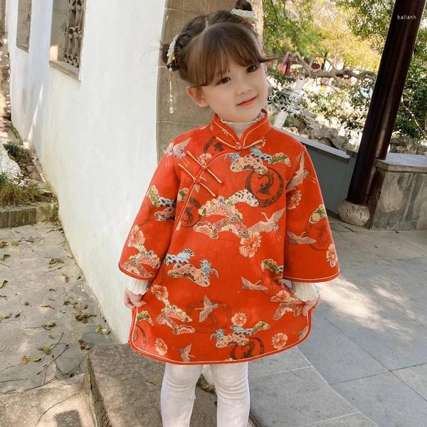 Abbigliamento etnico 2024 anni Bambini Cheongsam Bambini tradizionali cinesi Qipao Hanfu Oche Stampato Manica lunga Stile Cina Ragazza Abito vintage