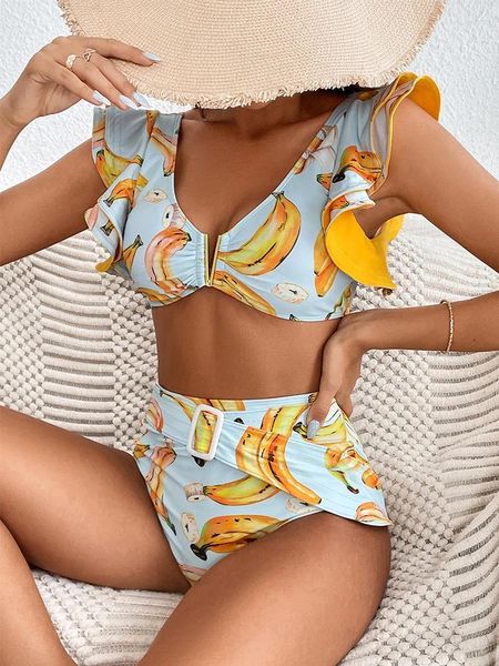 Mulheres de banho 2024 sexy cintura alta bikini conjunto plissado impressão floral bandeau maiô com tiras mulheres fatos de banho beachwear biquini