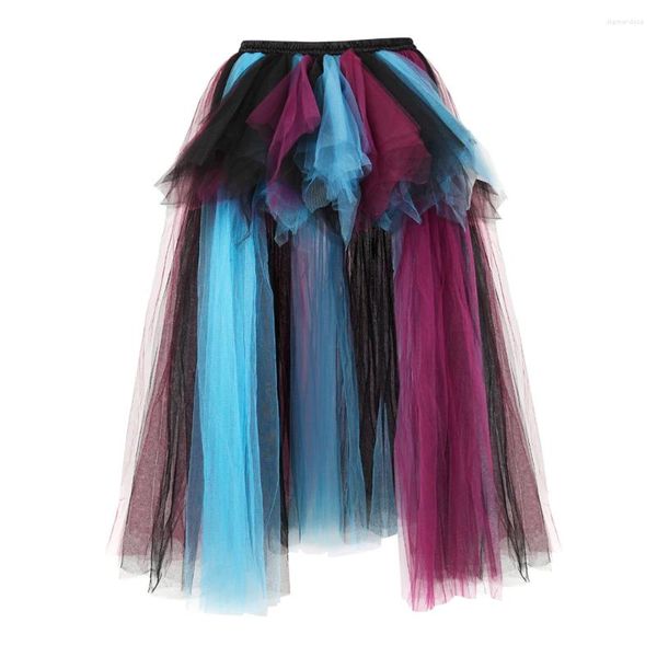 Saias Mulheres Gótico Longo Espartilho Fluffy Tulle Saia Ruffled Chiffon Lace Midi Retro Azul Victorian Burlesque Dança Trajes