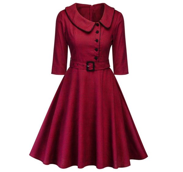 Kenancy Damen-elegantes Frühlings-Weinrot-Partykleid, feminin, Vestidos, Audrey, 1960er-Jahre, Swing, Rockabilly, Robe, Knopfgürtel, formelles Kleid 7610945