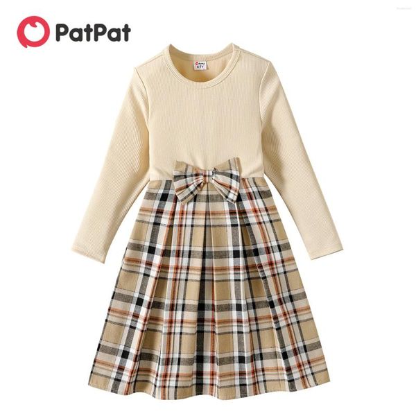 Mädchenkleider PatPat Kinderkleid mit Schleife, gerippt, kariert, Spleiß, langärmelig, für Mädchen und Kinder
