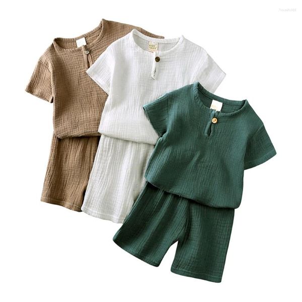 Conjuntos de roupas meninos e meninas de manga curta terno de verão crianças algodão linho botão camiseta shorts seção fina conjunto de duas peças