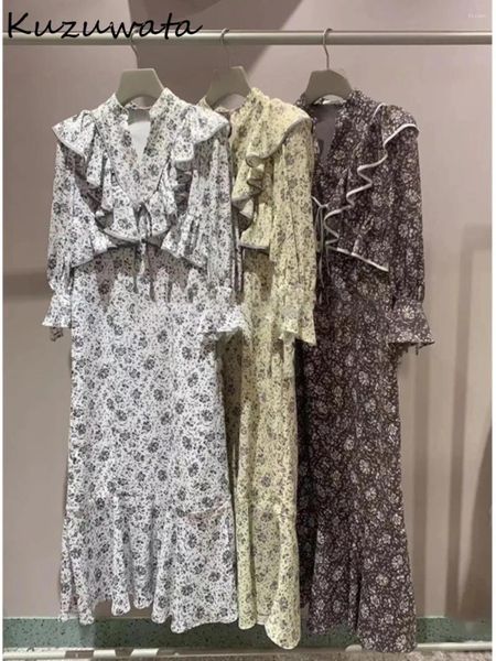 Vestidos casuais kuzuwata primavera babados puff manga doce robe mid-comprimento impressão elegante vestidos japão fino ajuste rendas até vestido de sereia