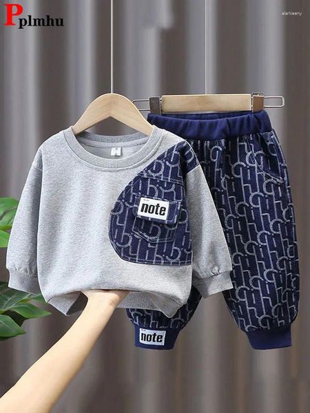 Conjuntos de roupas Patchwork O-pescoço Moletom Crianças Outfit Coreano Manga Longa Pulôver Tops Meninos Terno Impressão Jogger Sweatpants Crianças 2 Peça