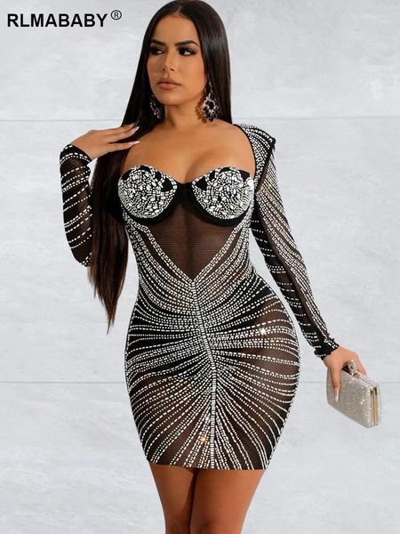 Повседневные платья RLMABABY, сексуальное клубное вечернее облегающее мини-платье из ромбовидной сетки, женское блестящее квадратное воротник с длинным рукавом, прозрачное короткое облегающее платье