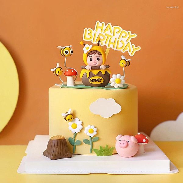 Attrezzi per torte Forniture per decorazioni per animali dei cartoni animati Topper in feltro di miele di api Topper di buon compleanno per topper di cartello