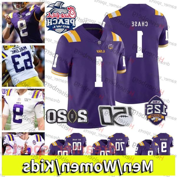 College American Football Wear Personalizado LSU Tigers Football Jersey Burrow Odell Beckham Jr. Burreaux Chase Delpit Fournette Branco NCAA Jers High