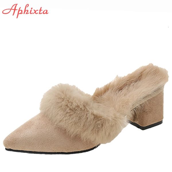 Aphixta Warme Echt Kaninchen Haar Hausschuhe Frauen Schuhe Winter Spitz Luxus Echtpelz Platz Ferse Dame Mujer Innen Rutschen 240118