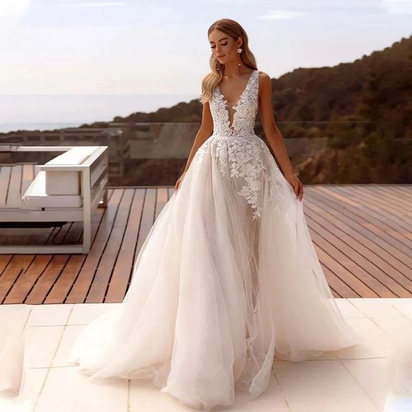 Sexy decote em v renda apliques uma linha vestido de casamento sem costas fenda lateral feito sob encomenda formal nupcial crescido boho vestido de novia robe de mariage