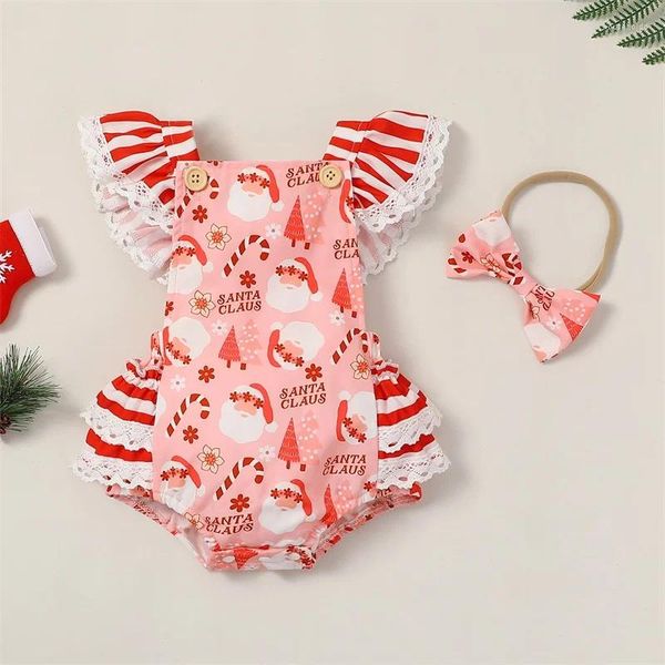 Rompers Citgeesummer Noel Bebek Bebek Kız Tulum Set Karikatür Baskı Uçan Kol Bodysuit Yay Head Band Noel Giysileri