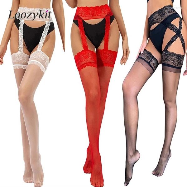 Meias femininas doces branco vermelho preto meias eróticas com cinta de liga para arrastão meia-calça coxa alta lingerie sexy plus size