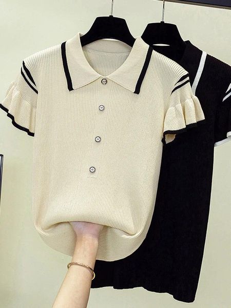 Suéteres femininos verão mulheres camisola 2024 manga curta polo colar botão listra fina pulôver básico elegante escritório tricô grande tamanho