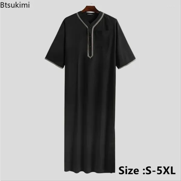 Ethnische Kleidung 2024 Muslimische Männer Jubba Thobe Solid Button Kimono Mittlere Robe Saudi Mann Hemd Stehkragen Islamische Arabische Kaftan Abayas