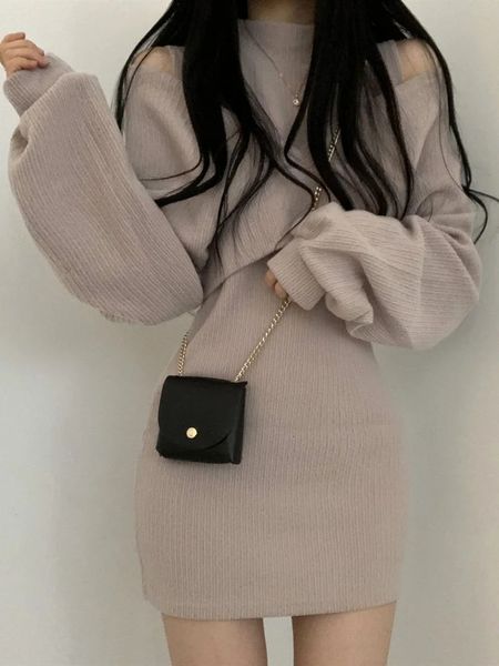 Sonbahar İki Parça Set Kadınlar Kore Stil Uzun Kol Kısa Krep Kabul Üst Seksi Yelek Mini Elbise Takım 2 Parça Kıyafet 240129