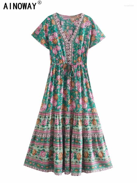 Abiti casual Vintage Chic Moda Donna Stampa floreale Scollo a V Rayon Abito lungo bohemien Caftano Bottone da donna Abito estivo da spiaggia Boho