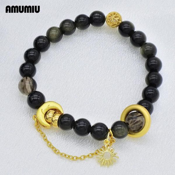 Strand amumiu lua e sol grânulo bolo pulseira cor ouro preto pedra natural pedra charme feminino presente yoga essencial