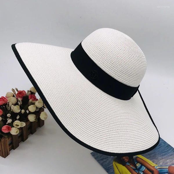 Cappelli a tesa larga da spiaggia da donna in paglia grande cappello da sole blocco protezione solare traspirante protezione UV cappucci protettivi bianchi estivi
