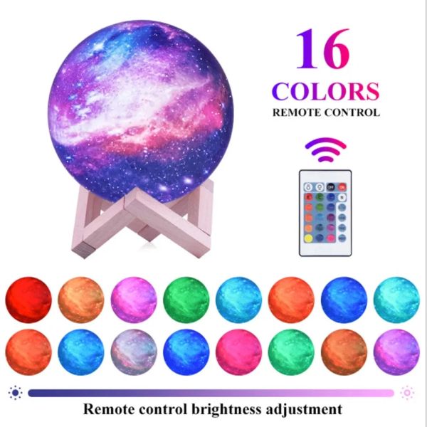 Stampa 3D Moon Galaxy Lampada Light Light 16 Color Change Touch e Remote Control Kids Night Light camera da letto Decor come lampada per regali
