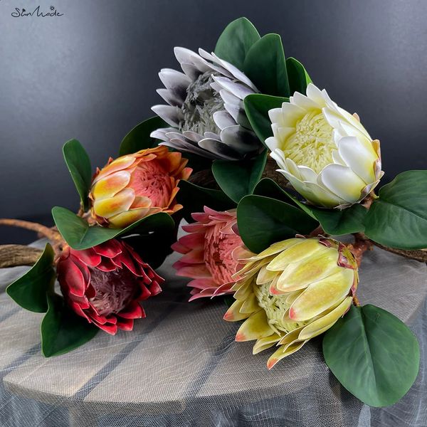 SunMade Luxus-Handgefühl-Protea Cynaroides mit grünen Blättern, Heim- und Hochzeitsdekoration, fühlt sich echt an, künstliche Blumen, künstliche Pflanzen, 240127