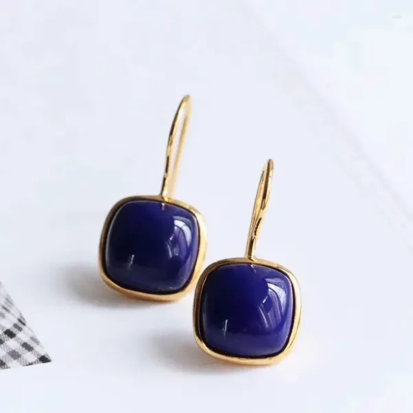 Dangle Küpeler Orijinal S925 STERLING Gümüş Mizaç Doğal Lapis Lazuli Meydanı Zarif Retro Moda Kadın Geometrik Luxuriou