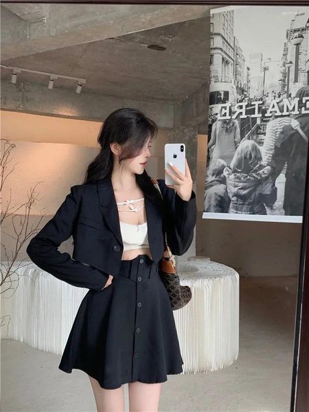 Vestido de duas peças unxx saia terno lapela sólida manga longa blazers curtos a linha mini saias conjuntos coreano primavera magro roupas femininas