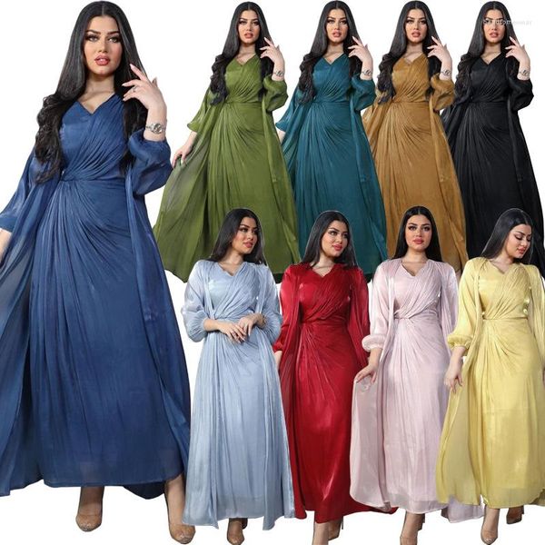 Vestidos casuais moda muçulmano duas peças abaya vestido conjunto chique brilhante seda macia cetim dubai turquia árabe envoltório robe corban eid al adha