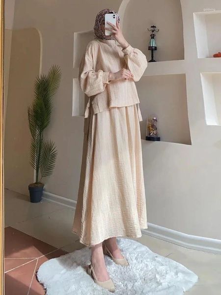 Roupas étnicas Mulheres Eid Muslim Define Duas Peças Kaftan Árabe Cor Sólida Tops Saias Casual Solto Islam Musulman Conjunto Vestidos