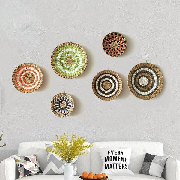 Estatuetas decorativas tecidas à mão estilo boêmio decoração de parede de vime pratos quarto sofá cama fundo pendurado placas de rattan bandejas