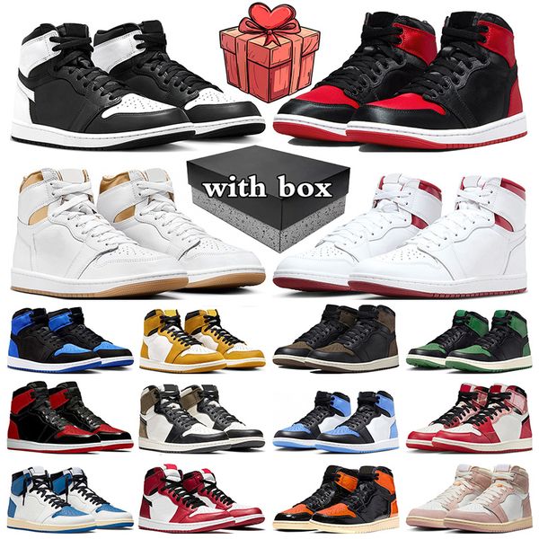 Box Jumpman 1 1s Basketbol Ayakkabıları Ters Panda Sarı Oser Saten Yarın Patent Metalik Bordo Kraliyet Yeniden Alınan Erkek Eğitmenler Kadın Spor Sporları