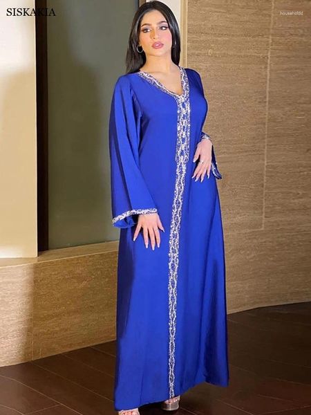 Abbigliamento etnico Abito musulmano Donna Strass Tinta unita Scollo a V Lungo Jalabya Arabo Dubai Oman Qatar Abaya turco Caftano marocchino