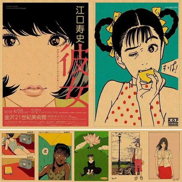 Gemälde Eguchi Hisashi Japan Schönes Mädchen Vintage Kraftpapier Klassisches Poster Bar Café Wohnzimmer Esszimmer Wanddekoration