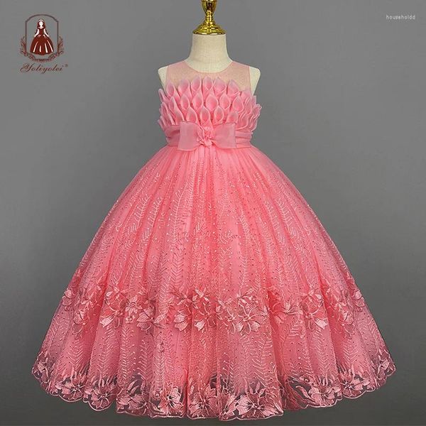 Mädchenkleider Yoliyolei Langes Blumenabendkleid 3 bis 10 Jahre Geburtstag Prinzessin Baby Kinder Mädchen Kleidung Stickerei Spitze Schleife Ballkleid