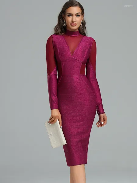 Abiti casual Abito dalla fasciatura metallica Manica lunga Party Bodycon Donna Elegante sexy Inserto in rete per vino Abito da sera per compleanno Club 2024